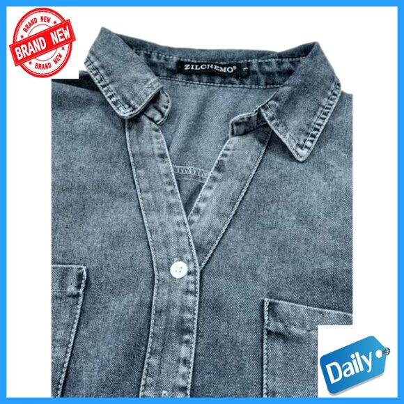 Distressed Denim Shirt Dress Long Sleeve Button Down Casual Tunic Top - Picture 4 of 6